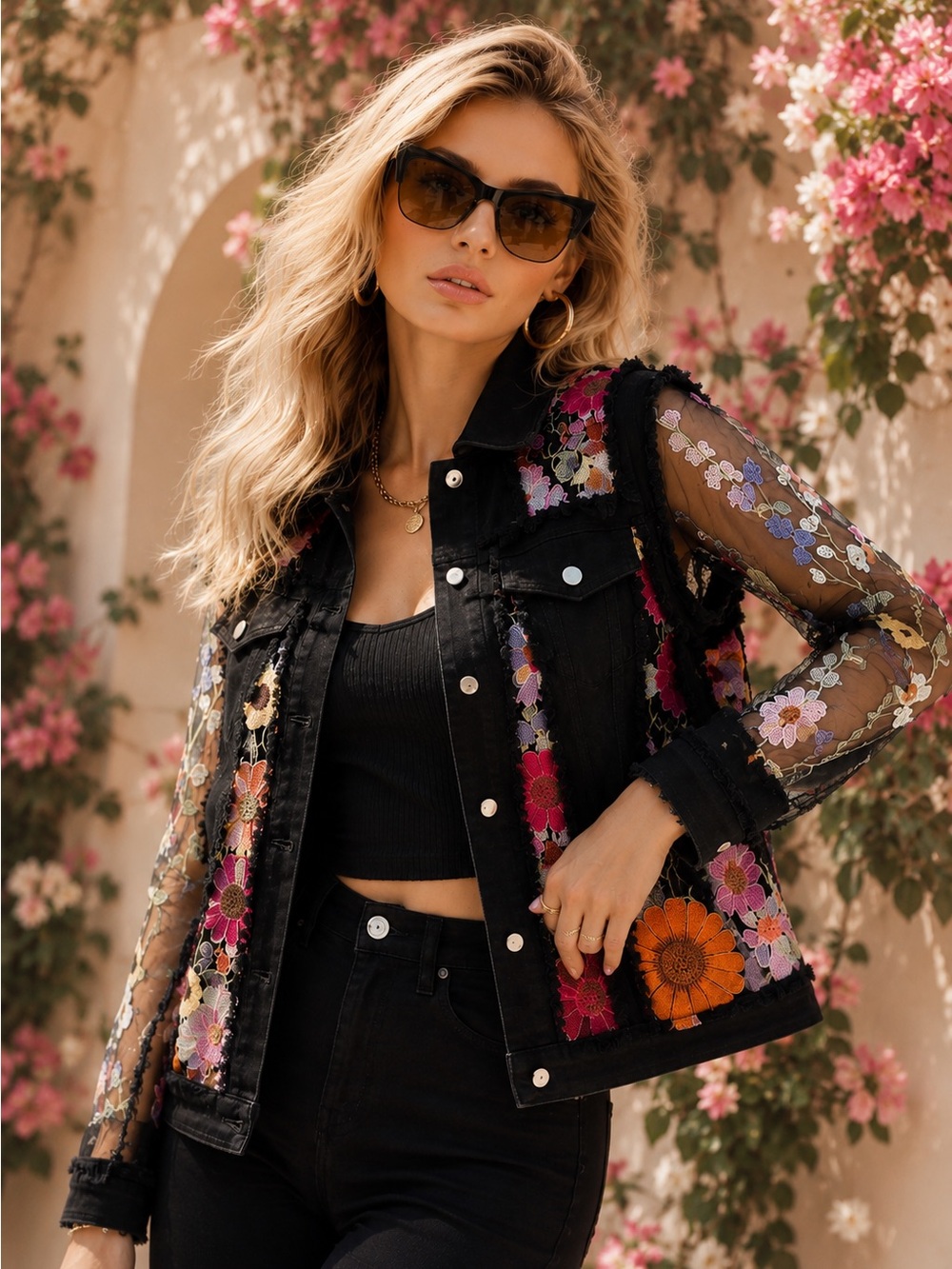 NWT Adore Large Black Floral Mesh Sleeve Denim Jacket Statement Piece NWT